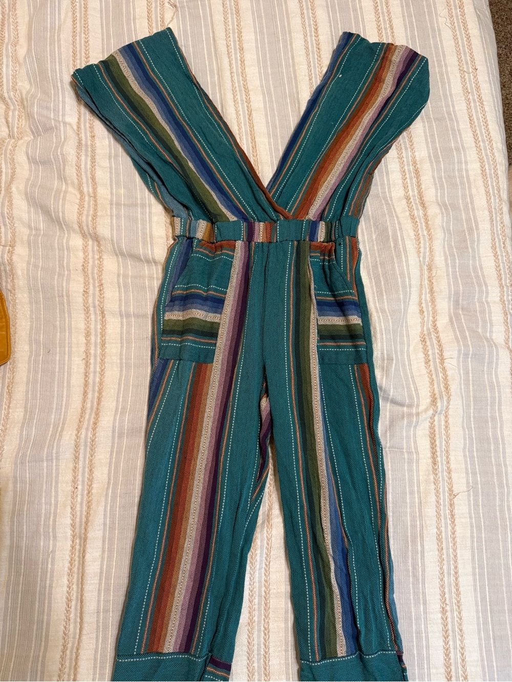 L&B Teal Multicolor Striped Cropped Jumpsuit